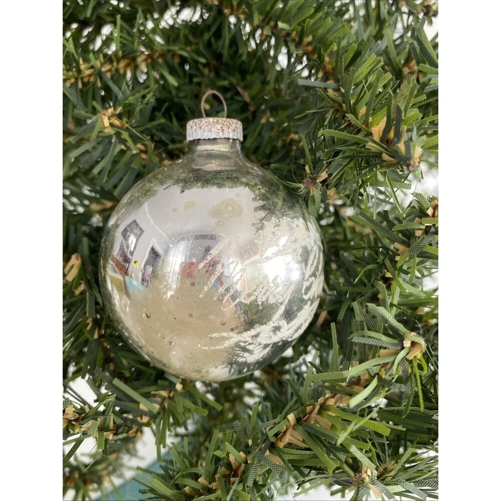 Vintage Shiny Brite Silver MERRY CHRISTMAS Mica Stenciled Ball Ornament Holiday